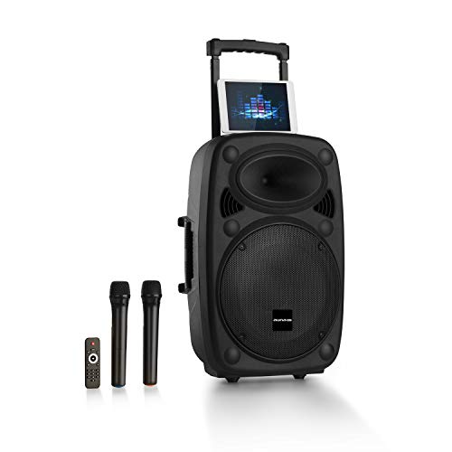 auna Streetstar 2.0 - Equipo PA portátil, Altavoz DJ, Bluetooth, Puerto USB, SD, MP3, AUX, Batería 3 Ah, LED, 2 micrófonos UHF, Mando a Distancia, Subwoofer 15" (38 cm), Potencia 1000 W, Negro