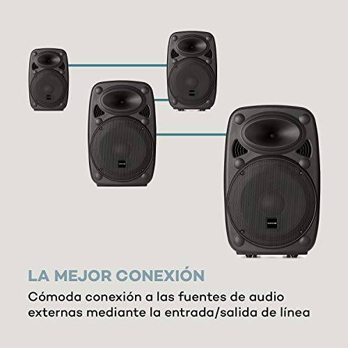 auna Streetstar 2.0 - Equipo PA portátil, Altavoz DJ, Bluetooth, Puerto USB, SD, MP3, AUX, Batería 3 Ah, LED, 2 micrófonos UHF, Mando a Distancia, Subwoofer 15" (38 cm), Potencia 1000 W, Negro