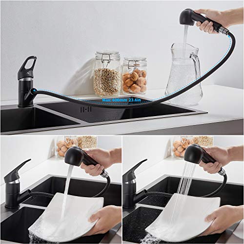 AuraLum Grifo de Cocina extraíble con Dos Formas de Agua Cromo Negro Grifo de Agua Caliente y fría con rotación de 360° Grifo Monomando para la Cocina