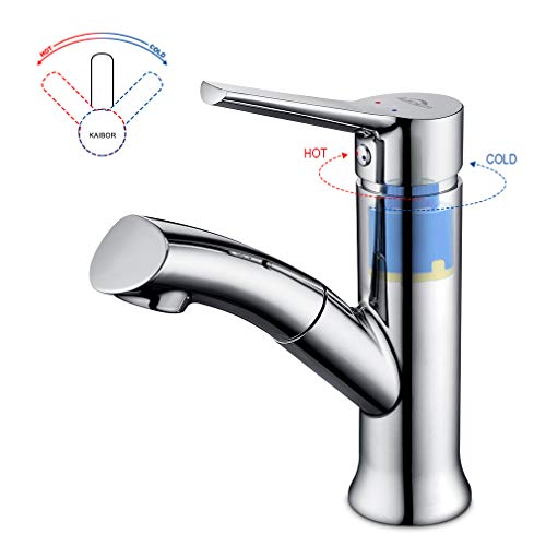 Auralum Grifo Lavabo Extraíble Grifo de Baño de Cromo de Latón Grifo con Aireador de ABS Mezclador Monomando para Lavabo Agua Frío y Calor Disponibles