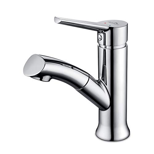 Auralum Grifo Lavabo Extraíble Grifo de Baño de Cromo de Latón Grifo con Aireador de ABS Mezclador Monomando para Lavabo Agua Frío y Calor Disponibles