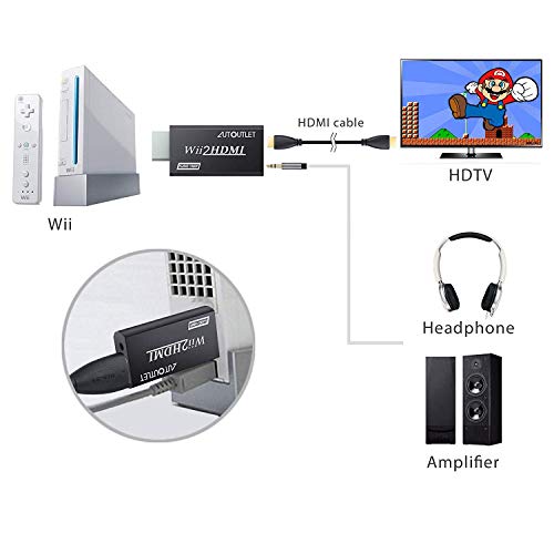 AUTOUTLET convertidor de Wii a HDMI Converter WII2HDMI Wii Signal a HDMI Compatible 720P 1080P 3.5MM Audio Adaptador de salida de video HD con cable HDMI de 1M para Nintendo Wii