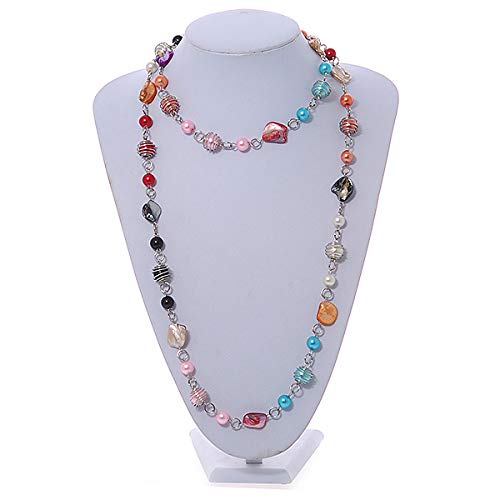 Avalaya Collar largo multicolor de cristal y concha con elemento de alambre de metal plateado – 120 cm L