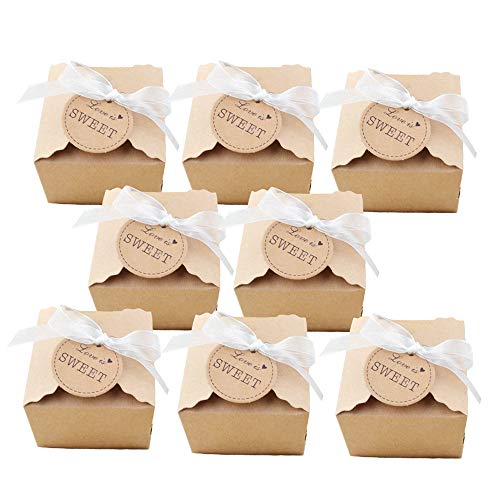 Aweisile 50 Piezas Caja de regalo de papel kraft Caja de Dulces de Caramelo con Etiqueta de regalo para bodas cumpleaños bautizo comunión Navidad Banquete de Boda Embalaje