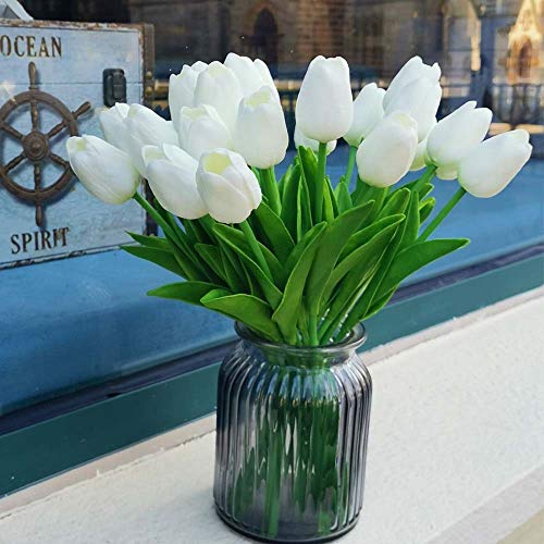 Awtlife 24 piezas de flores artificiales de tulipán de látex con tacto real para hacer ramos de boda, fiesta de novia, baby shower decoración del hogar blanco