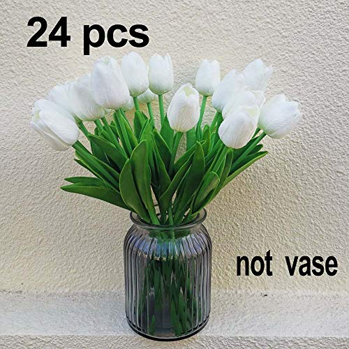 Awtlife 24 piezas de flores artificiales de tulipán de látex con tacto real para hacer ramos de boda, fiesta de novia, baby shower decoración del hogar blanco