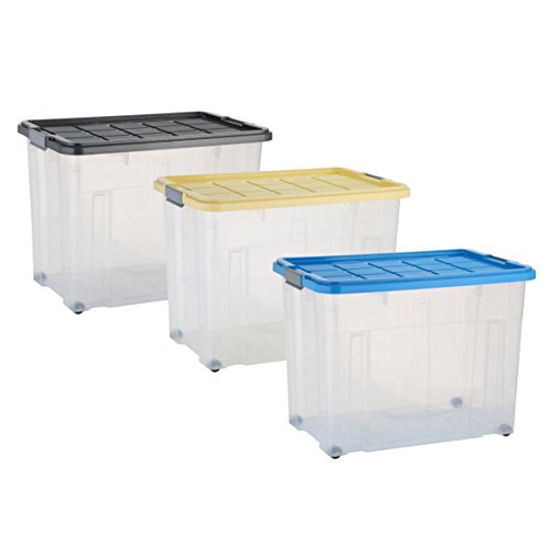 axentia Caja de almacenamiento con tapa y ruedas – capacidad 80 L – 60/40/44,5 cm - Cajonera plegable, Casilla Box de plástico para ropa, juguetes y otros accesorios