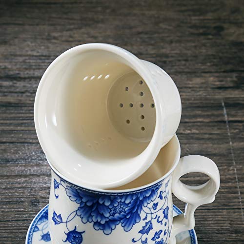 Azul pintado a mano de la flor y negro porcelana taza de té con tapa y platillo