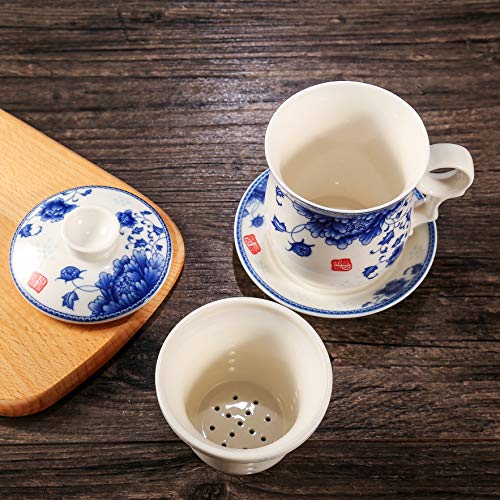 Azul pintado a mano de la flor y negro porcelana taza de té con tapa y platillo