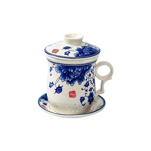 Azul pintado a mano de la flor y negro porcelana taza de té con tapa y platillo