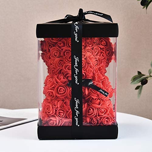 AZXU Oso Rosa - Oso de Peluche Rosa en Cada Oso Rosa - Oso de Flores Aniversario, Oso Rosa, Madres, Oso de Peluche Rosa. - ¡Caja de Regalo Transparente incluida! 10 Pulgadas (Red)