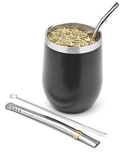 BALIBETOV - Nuevo - Set de Mate Calabaza Moderna para Yerba Mate - Pared Doble de Acero Inoxidable 18/8 - Incluye Dos Bombillas y un Cepillo de Limpieza (Negro, 355 ml)