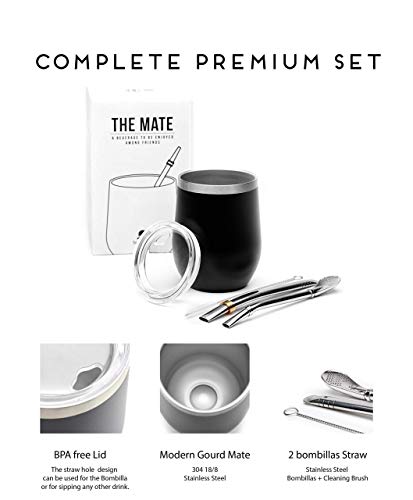 BALIBETOV - Nuevo - Set de Mate Calabaza Moderna para Yerba Mate - Pared Doble de Acero Inoxidable 18/8 - Incluye Dos Bombillas y un Cepillo de Limpieza (Negro, 355 ml)