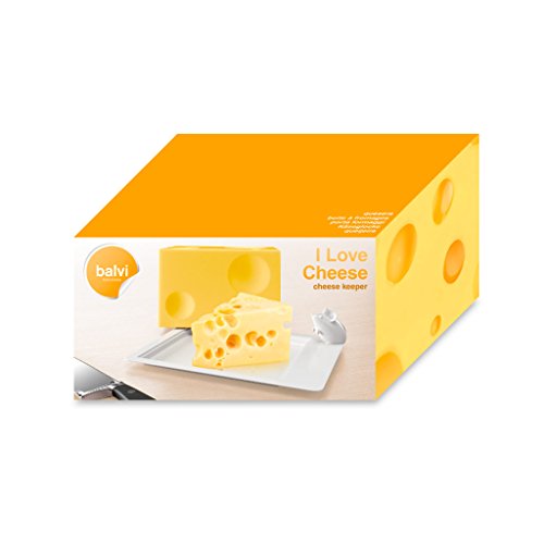 Balvi Quesera IloveaCheese Color amarillo recipiente para queso original Utensilio original cocina Tapa para cubrir el queso y bandeja con figura de ratoncito Regalos originales para foodies y amantes del queso Plástico ABS 10,5x14,3x19,4