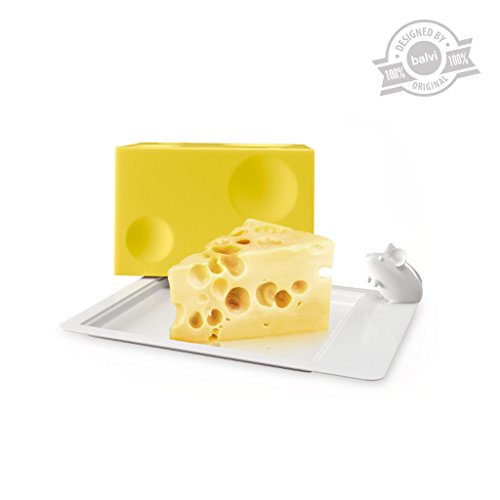 Balvi Quesera IloveaCheese Color amarillo recipiente para queso original Utensilio original cocina Tapa para cubrir el queso y bandeja con figura de ratoncito Regalos originales para foodies y amantes del queso Plástico ABS 10,5x14,3x19,4