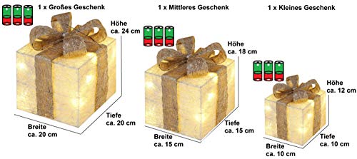 ¡Bambelaa! Cajas de Regalo Led Decoración con Luz - Set de 3 incl. Función Temporizador - Decoración Navideña Decoración Navideña Iluminación (Oro)