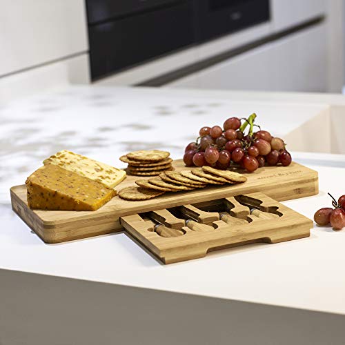 Bamboo Cheese Board | Wood Serving Platter | Includes Slide Out Knife Set | M&W