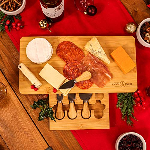 Bamboo Cheese Board | Wood Serving Platter | Includes Slide Out Knife Set | M&W