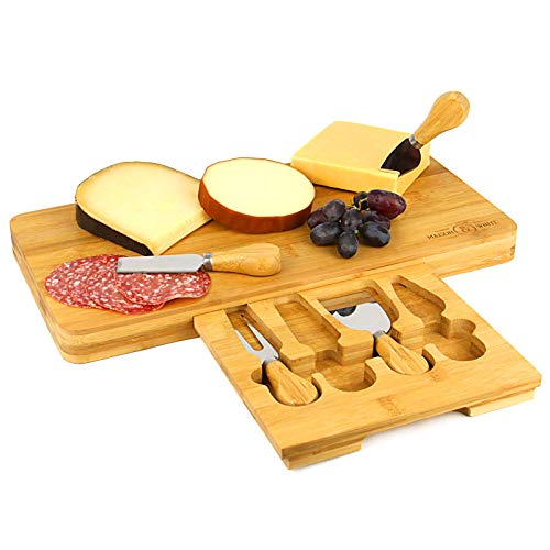 Bamboo Cheese Board | Wood Serving Platter | Includes Slide Out Knife Set | M&W