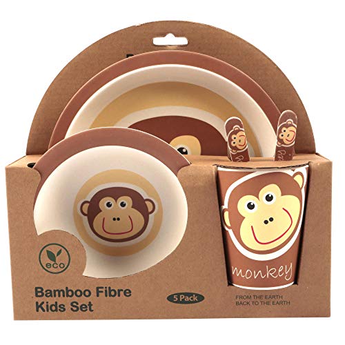 Bambú de – Set de vajilla para niños, redondo – Plato de bambú, niños de cubiertos, cuenco, niño taza de bambú, respetuoso con el medio ambiente, sin BPA y lavavajillas, 5 piezas)