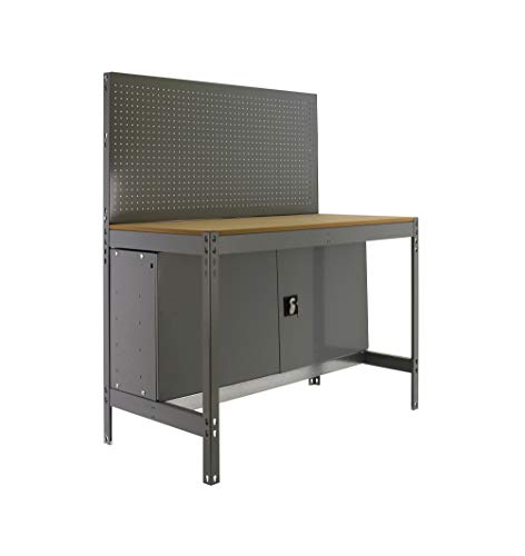 Banco de trabajo BT2 con armario Simonwork Gris/Madera Simonrack 1445x1210x610 mms - Banco de trabajo con panel - mesa de bricolaje 600 Kgs de capacidad por estante