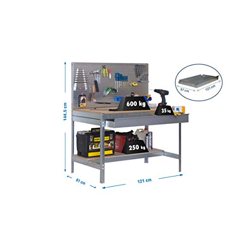 Banco de trabajo BT2 con cajón Simonwork Galva/Madera Simonrack 1445x1210x610 mms - Banco de trabajo con panel - mesa de bricolaje 600 Kgs de capacidad por estante