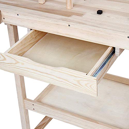 Banco de trabajo de madera de pino, con cajón y estante, 2 abrazaderas, 4 peldaños, carga máxima 200 kg – Mesa de Falegname, de taller