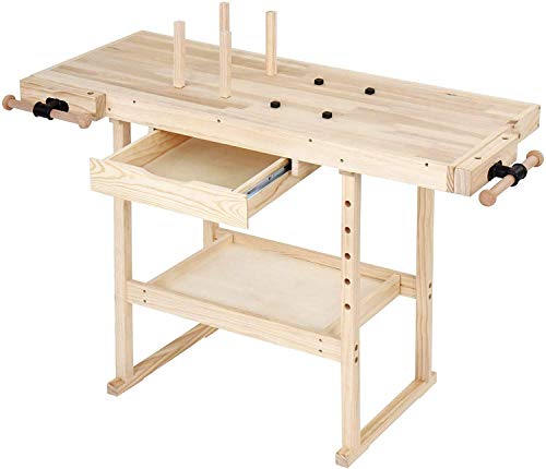 Banco de trabajo de madera de pino, con cajón y estante, 2 abrazaderas, 4 peldaños, carga máxima 200 kg – Mesa de Falegname, de taller