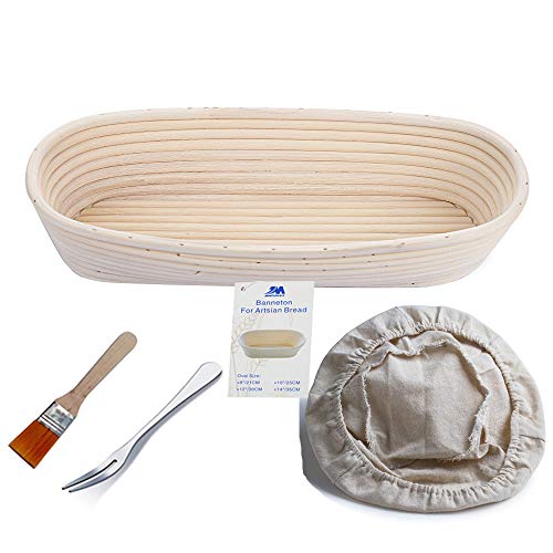 Banneton pruebas cesta 14 "oval Banneton Brotform cuenco de ratán para 35cm masa de pan y cepillo [libre] Borradores de aumento(hasta 1000g) + free liner + libre Pan horquilla