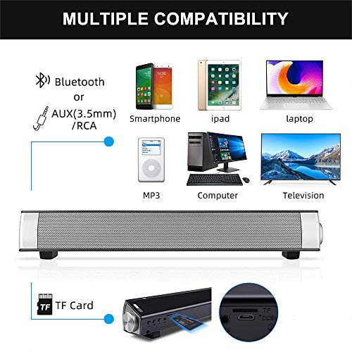 Barra de sonido, Bingxue barra de sonido para TV Bluetooth Altavoces de computadora - Conexión por cable e inalámbrica de 10W, barras sonido soporte Tarjeta TF /AUX/ BT Modos (plata)