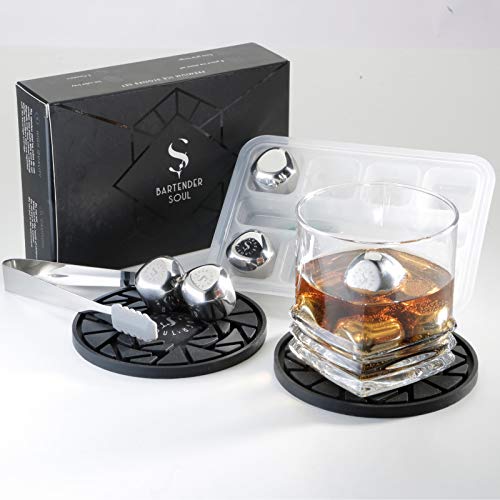 Bartender Soul Cubitos de Hielo Reutilizables de Acero Inoxidable - 8 Piezas - Formas Elegantes con 2 Posavasos Premium de Silicona, Pinzas y Bandeja para Congelador Intrusiva para Whisky, Vino