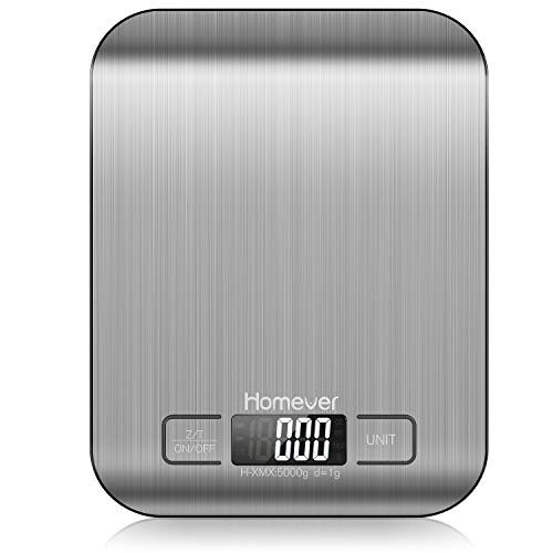 Báscula de Cocina, Homever Báscula Precisa de Alimentos de 0.05 oz / 1 g con Multifunción, Báscula Digital de Cocina de Acero Inoxidable para Hornear y Cocinar, Plata [Clase energética A ++]