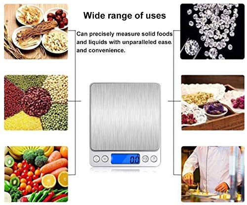 Báscula digital de cocina BASELIFE, báscula electrónica portátil de pesaje de alimentos, 0,1 g a 3 kg, con 2 bandejas, pantalla LCD, recarga con cable USB