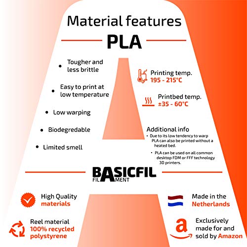 Basicfil PLA 1.75mm, 500 gr Filamento de Impresión 3D, Naranja