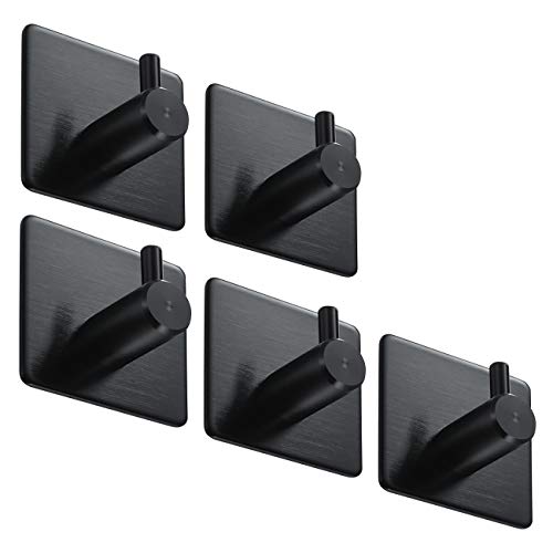 BasicForm Ganchos Adhesivos de Acero Inoxidable Ultra Fuerte Adhesivo para Baño y Cocina Negro (1-Gancho x 5 Piezas)