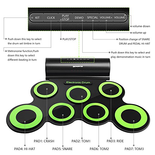 Batería Electrónica, Drum Set, bonrob Roll Up de batería Midi Drum Kit con auriculares y altavoces integrados Drum Pedals y baquetas, hasta 10St. Parte tiempo, regalo de Navidad para niños BM001