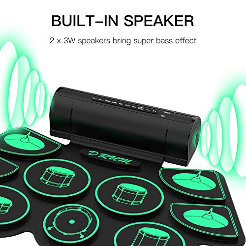 Batería Electrónica Rollo Up Tambor Juego de Pastillas 9 Almohadillas de Silicona Altavoces Incorporados con los Palillos Pedales para Principiante Niños - Uverbon