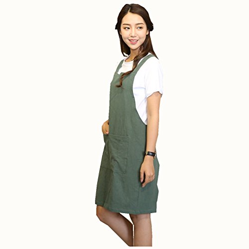 BBYBBS H Correas de hombro Suave Algodón Lino Delantal Color Sólido Halter Cross Bandage Delantales Estilo Japón X Forma Cocina Cocina Ropa Chef Verano Ajuste (Verde Ejército)