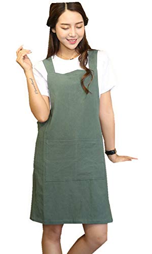 BBYBBS H Correas de hombro Suave Algodón Lino Delantal Color Sólido Halter Cross Bandage Delantales Estilo Japón X Forma Cocina Cocina Ropa Chef Verano Ajuste (Verde Ejército)