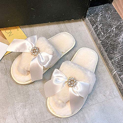 Bcaer Damas de Fondo Plano Felpa Zapatillas Flor de la Perla Piso de Madera Felpa Flip-Flop, Blanca, de 38 años,White-39