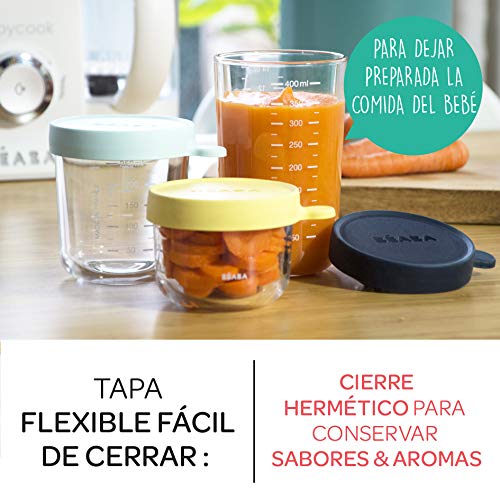 Béaba - Bote de conservación de vidrio para comida de bebé - con indicador de cantidad - Resistente al calor y a las diferencias térmicas - Para Bebés y Niños