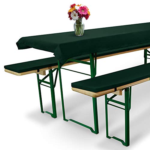 Beautissu Comfort XS - Set de 3 elegantísimas Fundas Mantel Mesa de cervecería/Picnic 70 cm y Bancos Acolchados - Verde Oscuro