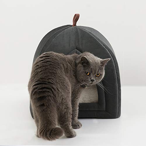 Bedsure Cama Gato Cueva Suave - Casa Gato Mediano Lavable con Cojín Desenfundable y Extraíble, Camas para Perros Pequeños 35x35x38cm, Gris Oscuro