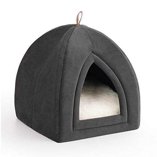 Bedsure Cama Gato Cueva Suave - Casa Gato Mediano Lavable con Cojín Desenfundable y Extraíble, Camas para Perros Pequeños 35x35x38cm, Gris Oscuro