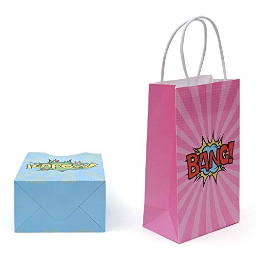 BELLE VOUS Bolsas Superhéroes Bolsas de Papel para Regalos (24 Piezas) - (15,6 x 8 x 21,5 cm) 4 Diseños Bolsas Fiestas Verde, Azul, Rosa, Amarillo Bolsa Papel con Asa Cumpleaños Regalo