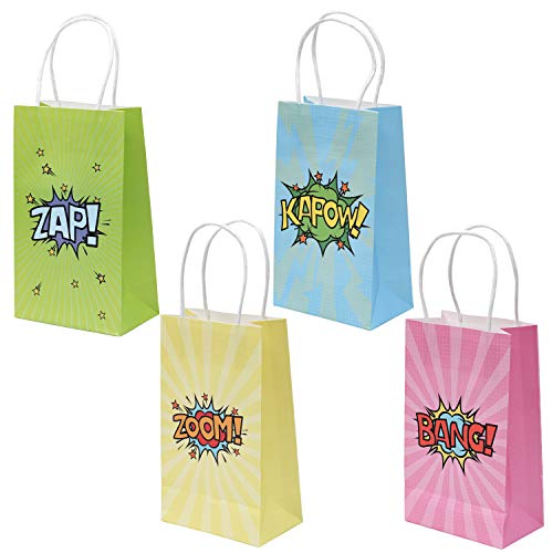 BELLE VOUS Bolsas Superhéroes Bolsas de Papel para Regalos (24 Piezas) - (15,6 x 8 x 21,5 cm) 4 Diseños Bolsas Fiestas Verde, Azul, Rosa, Amarillo Bolsa Papel con Asa Cumpleaños Regalo