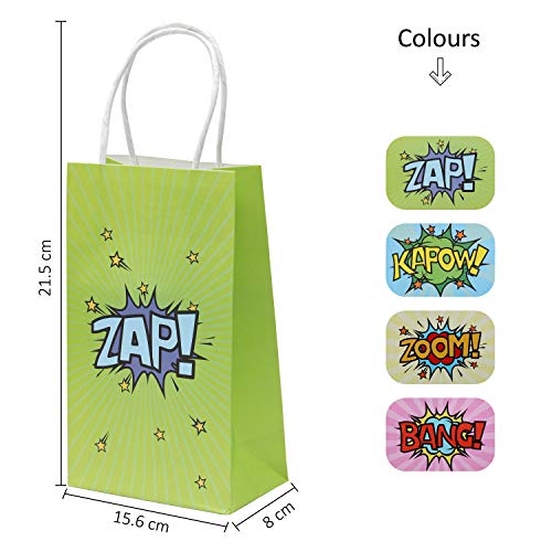 BELLE VOUS Bolsas Superhéroes Bolsas de Papel para Regalos (24 Piezas) - (15,6 x 8 x 21,5 cm) 4 Diseños Bolsas Fiestas Verde, Azul, Rosa, Amarillo Bolsa Papel con Asa Cumpleaños Regalo