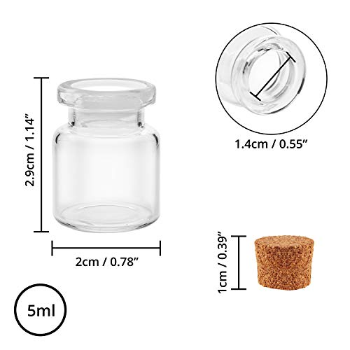 BELLE VOUS Bote Cristal Tapon Corcho (100 Piezas) -Mini Botellas de Cristal 5ml para Manualidades - Mini tarros para Bodas - Bote Pequeño Cristal, Fiesta, Almacenaje, Mensaje Deseo, Decoración