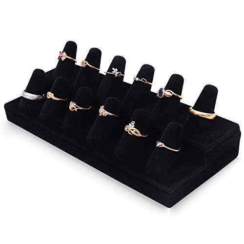 BELLE VOUS Expositor Anillos - Soporte 12 Dedo Anillo Exhibir con Base Resistente (21X8.7X6cm) - 2 Niveles Negro Anillo Terciopelo Organizador per Mostrar Colección Joyas, en Casa, Tienda, Tocador