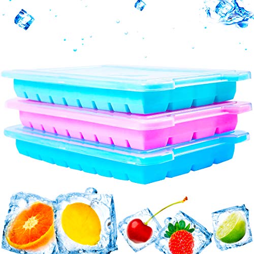 BETOY 3PCS Bandeja de Cubitos de Hielo con Tapa,Bandeja del Cubo de Hielo,Bandejas para Hielo Silicona,Moldes de Silicona para Hielo,Molde para Hielos,para alimentos bebés vino chocolate otras bebidas